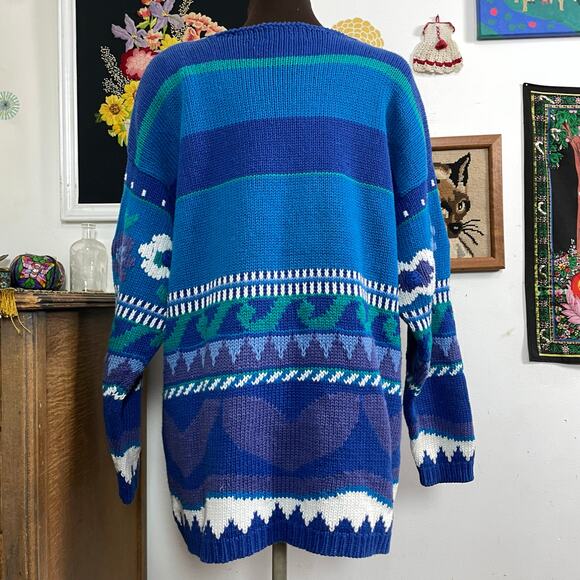 Vintage Blue Flower Graphic Sweater, 1990s Textured Cotton Floral Sweater Sz L - Picture 7 of 10